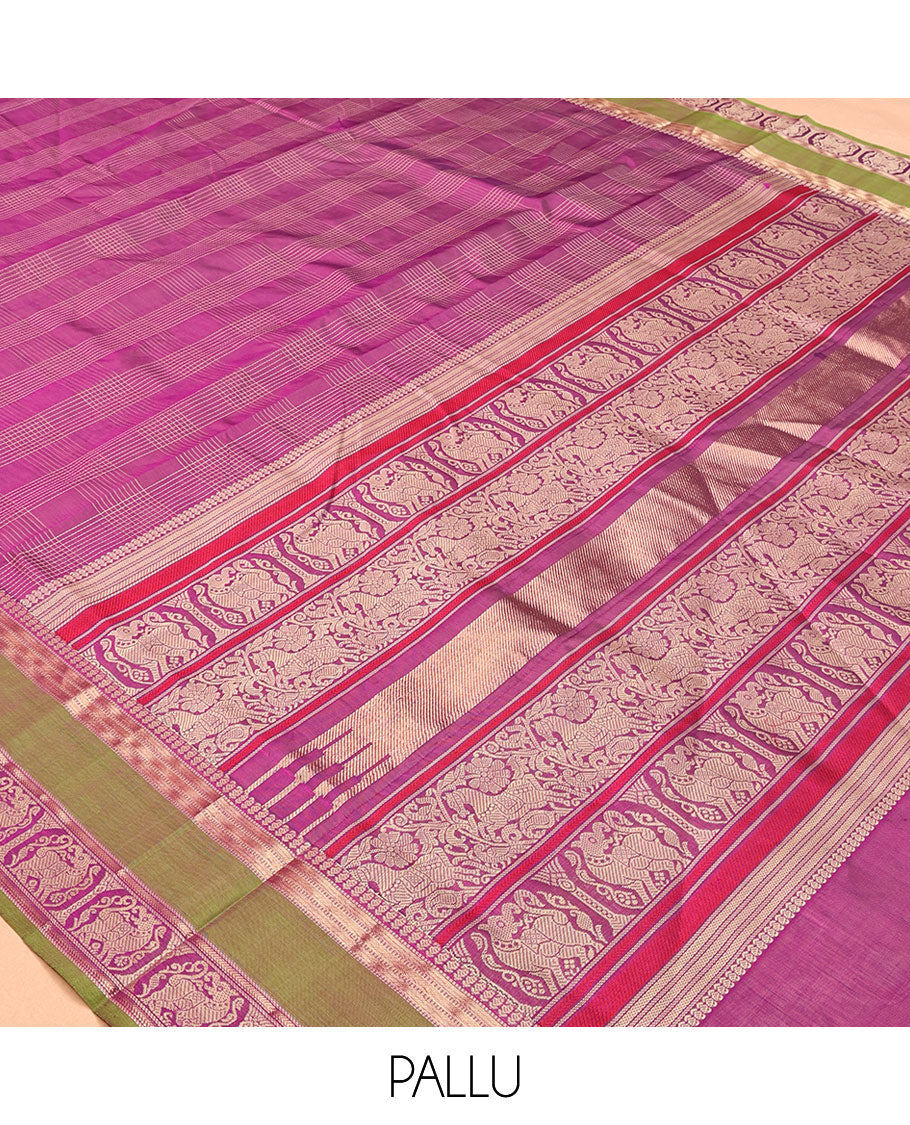 Purple Checked Kuppadam Silk Saree, a Contrast Double-Pet Yazhi Border, Grand Pallu, a Matching Blouse