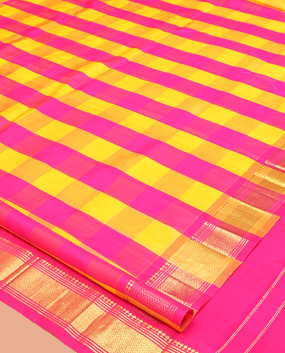 Multi-Color Checked Kanchipuram Silk Saree, a One-Sided Zari Border of Paneer Sombu, Banaras, Muthu, and Mayil Kann Designs, Zari Design Pallu, and No Blouse