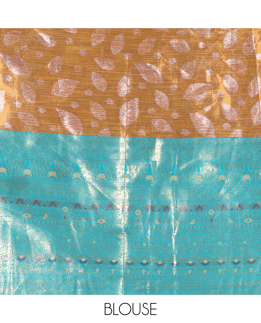 Mustard and rama color half-saree, leaf jacquard with contrast traditional bordered banarasi tissue skirt, a matching blouse, and a contrast scallop embroidered fendi organza dhavani