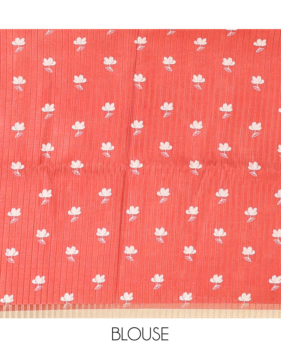 Cream Tussar Silk Saree, Adorned with Floral Silhouette Print, a Zari Border, and a Contrast Printed Blouse