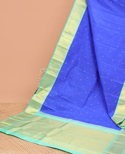 Blue buttas kancheepuram silk saree with contrast korvai intricate zari design & striped zari design pallu