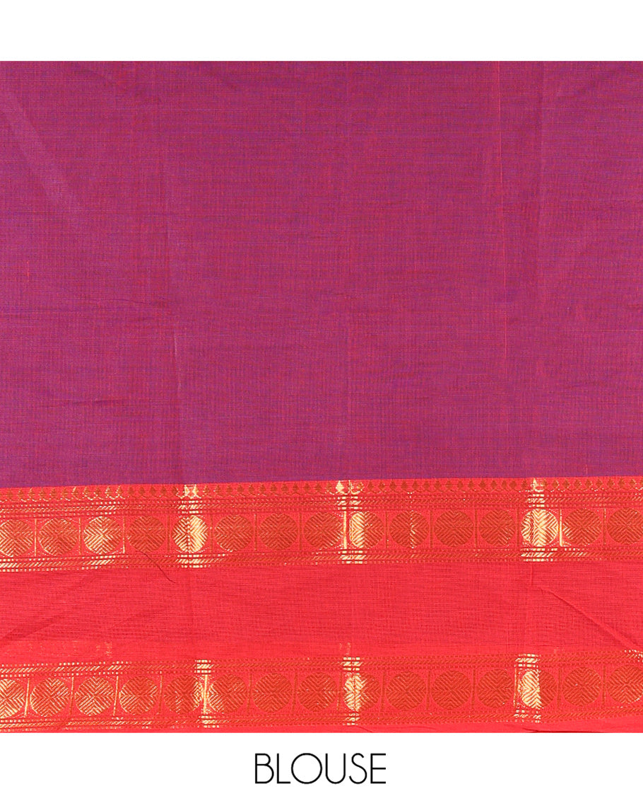 Magenta-Red Chettinad Cotton Half-Saree Featuring Plain Skirt, Contrast Rettai Pettu Rudraksham Border, Matching Blouse, Syska Georgette Dhavani