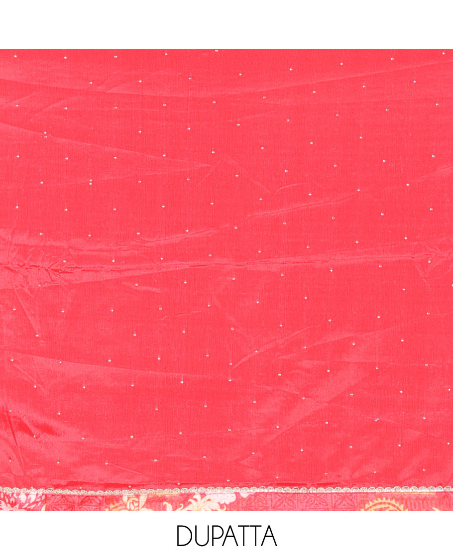 Tomato Pink Material Chudidar Set Decked Up with Floral-Geometric Printed with Neck Embroidered Chinon Top, Subtly Made Plain Santoon Bottom, and a Chinon Dupatta Featuring Printed Border, and Glitter Dots