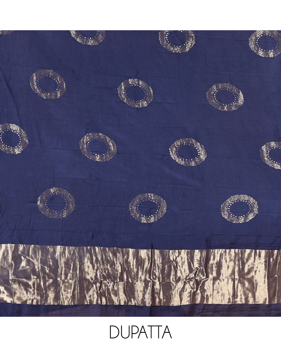 Blue Mul Chanderi Material Chudidar Set, Subtly Sparkled with Buttas Top, a Matching Bottom, and a Circle Motif Woven Dupatta