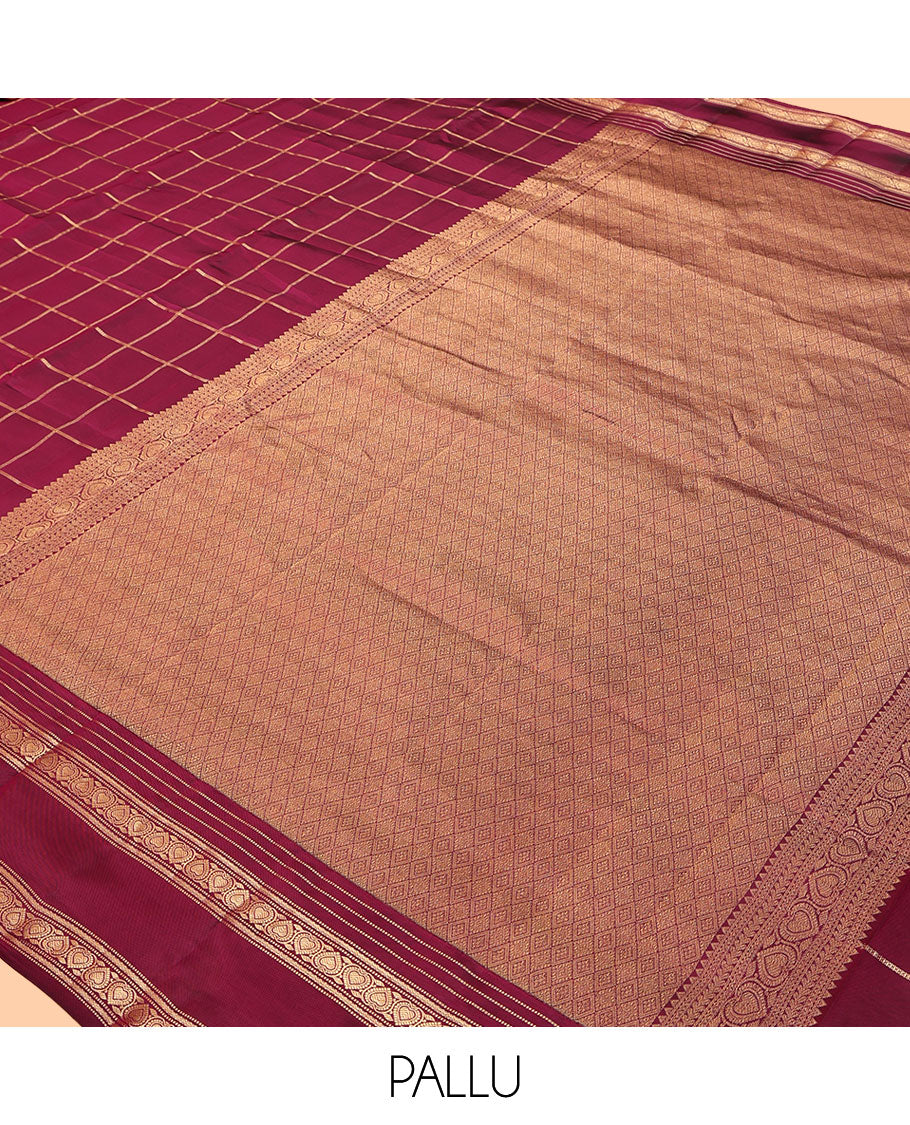 Wine Vasundhara Lite Silk Mix Saree, Elevated with Zari Checks, a Zari Rettai Pettu Border, Grand Jaal Pallu, and a Matching Blouse