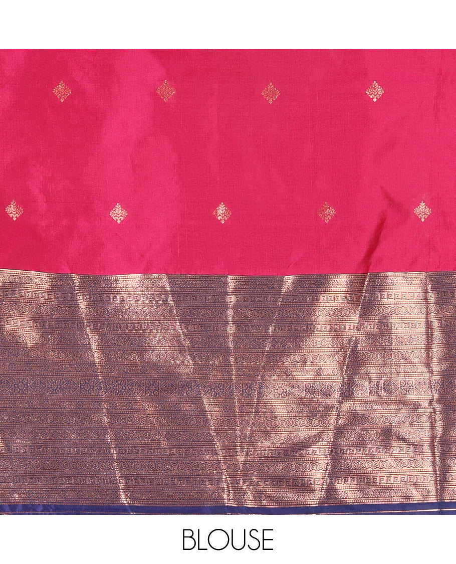 Rani pink taffeta silk half-saree, zari buttas and contrast traditional zari bordered skirt, a matching taffeta silk blouse, and contrast embroidered satin georgette dhavani