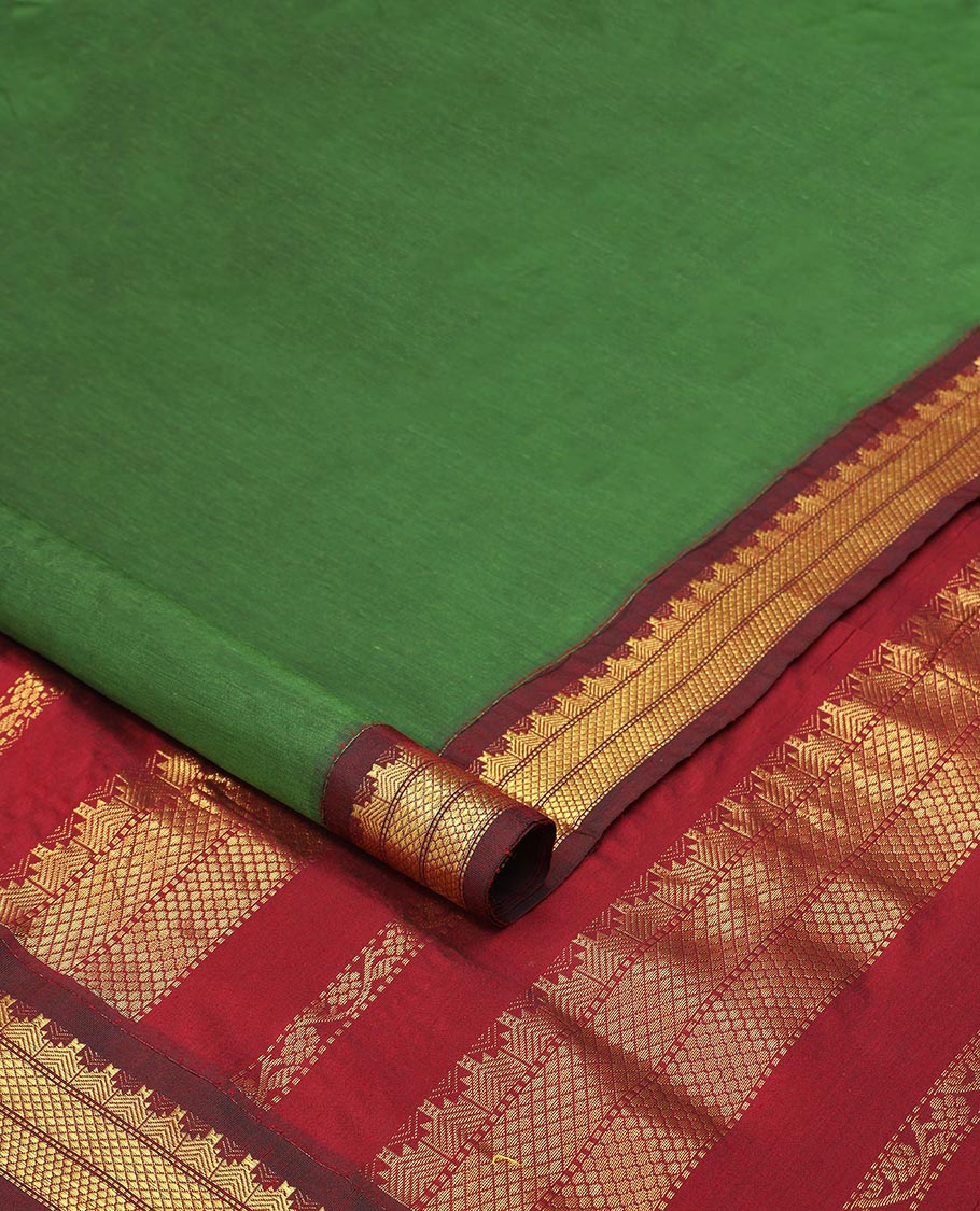 Green flower buttas nine yards cotton saree with contrast intricate zari design border & striped floral design pallu