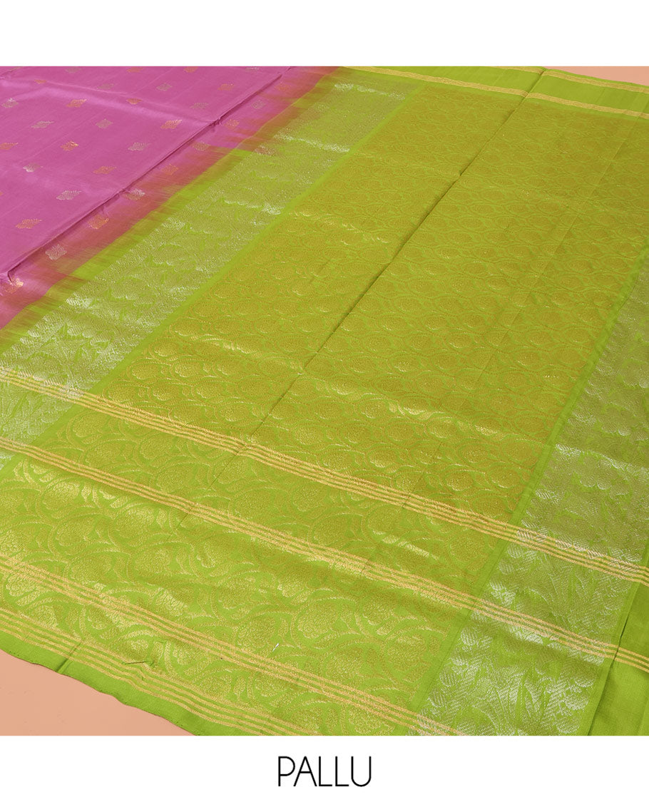 Pink Uppada Silk Saree Delicately Woven with Zari Buttas, Complemented by a Contrast Zari Border of Bird Designs, Contrast Pallu of Scallop Designs, and Paired with a Contrast Blouse