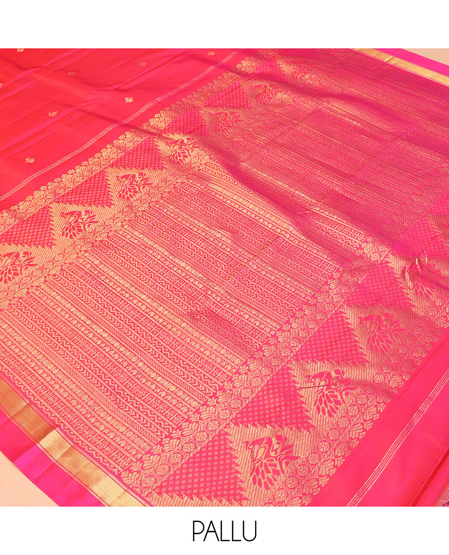 Pink Vasundhara Silk Saree, Subtly Sparkled with Zari Buttas, a Kal Eragina Border of Muthu Designs, Geometric Patterned Pallu, and a Matching Blouse