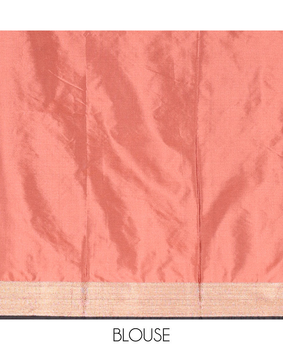 Black and rust half-saree with buttas with contrast traditional bordered taffeta silk skirt, a matching blouse, and a contrast bordered syska georgette dhavani