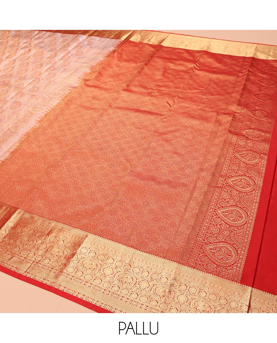 Peach Kanchipuram Wedding Silk Saree, Accentuated with Paisley Jacquard Design, Contrast Border of Thilakam, Kodi Visiry, Laddu Kamalam, and Manga, Jaal Pallu, and a Contrast Blouse