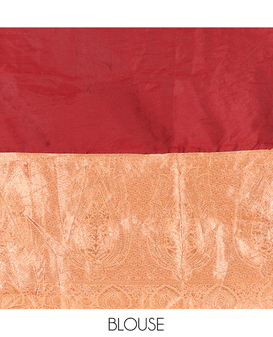Red Semi-Banaras Half-Saree, Plain Contrast Intricate-Bordered Skirt, Matching Blouse, Contrast Dhavani