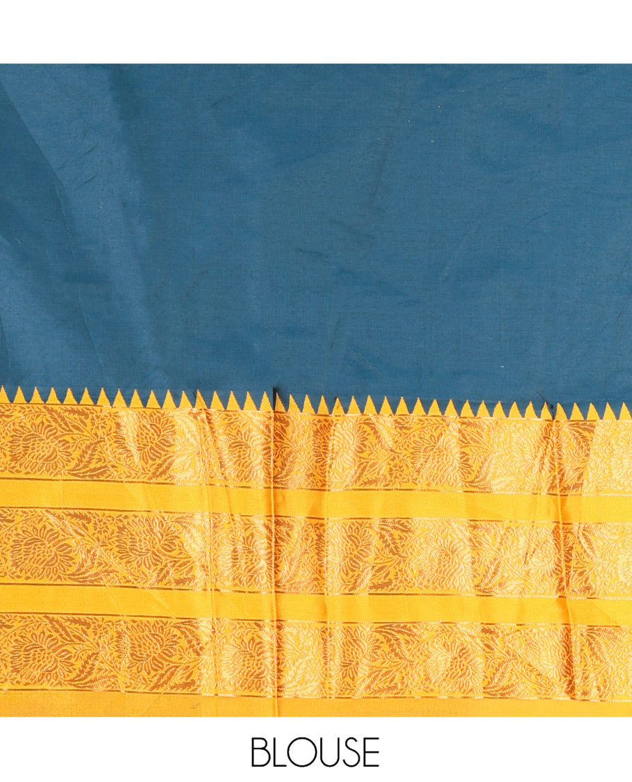 Peacock Blue Semi-Banarasi Half-Saree Features Plain Skirt, Contrast Floral Creeper Zari Border, Matching Blouse, Contrast Dhavani