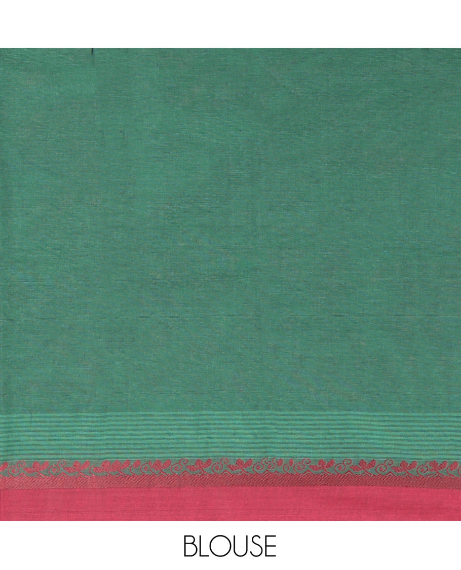 Green Kanchi Cotton Saree, Accentuated with Buttas All Over Its Body, Complemented by a Contrast Border, Pallu of Floral Design, and Paired with Matching Blouse