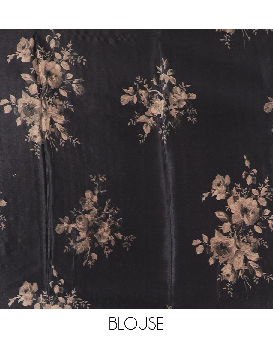 Black floral motifs printed silk saree with contrast zari design border & striped pallu