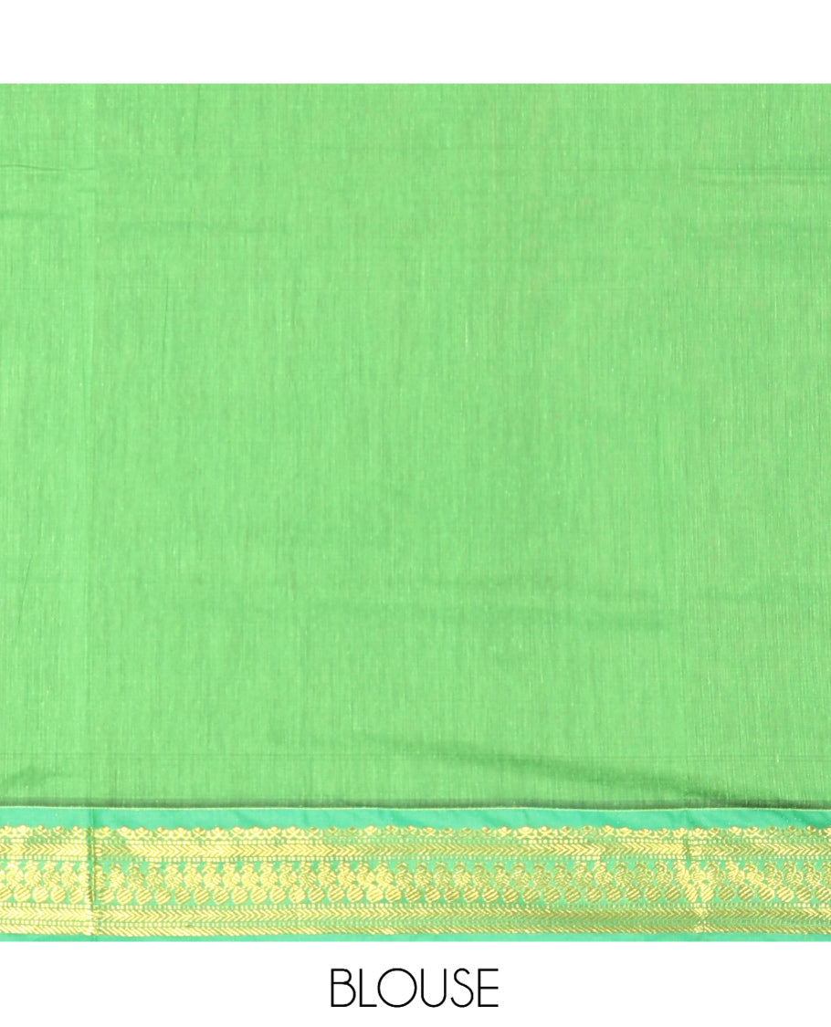 Black Kalyani Cotton Saree, Enthralled with Thread Buttas, a Contrast Traditional Zari Border, Grand Pallu, and a Contrast Blouse