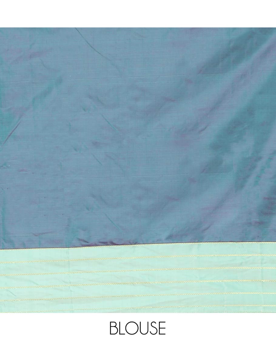 Blue Aarani Silk Saree, Dazzled with Butta Enclosed Checked Design on Its Body, Complemented by a Contrast Zari Striped Border, Pallu of Butta Enclosed Checks, and Paired with a Matching Blouse
