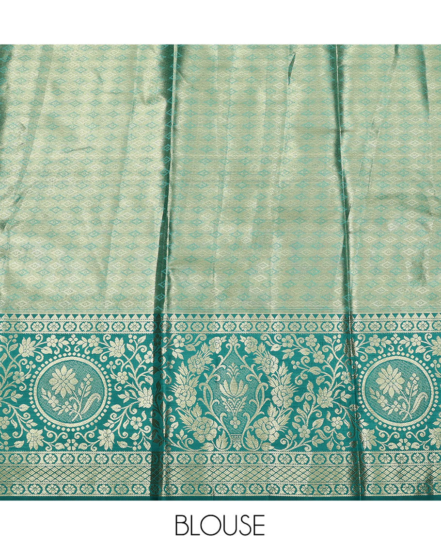 Pink Art Silk Half-Saree, Opulently Embellished with Jacquard Design, Contrast Intricate Motif Border, Paired with a Contrast Jacquard Blouse, and an Intricate Dhavani