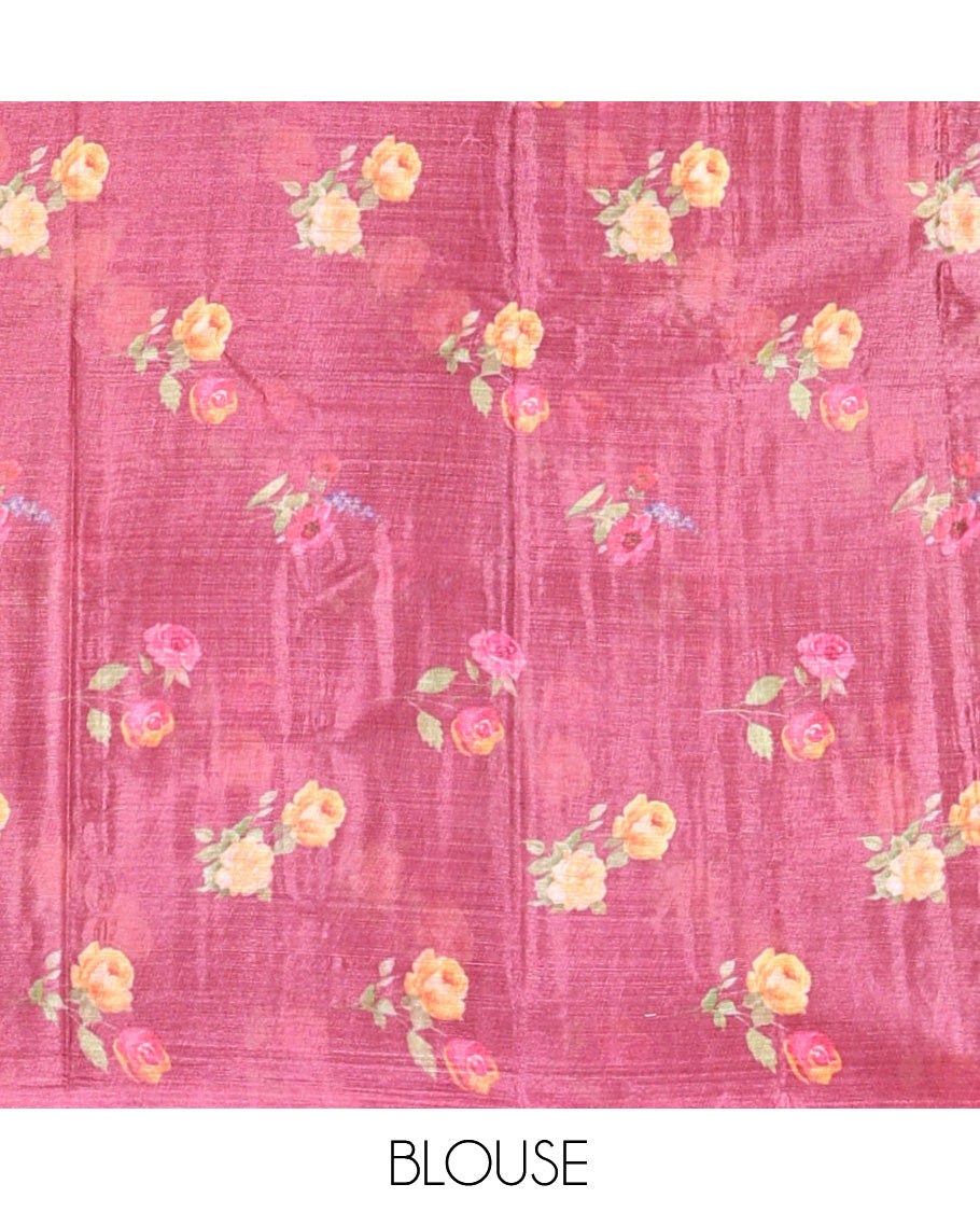 Borderless Wine Fancy Tussar Saree, Artfully Detailed with Floral Print, Floral Printed Pallu, and a Matching Blouse