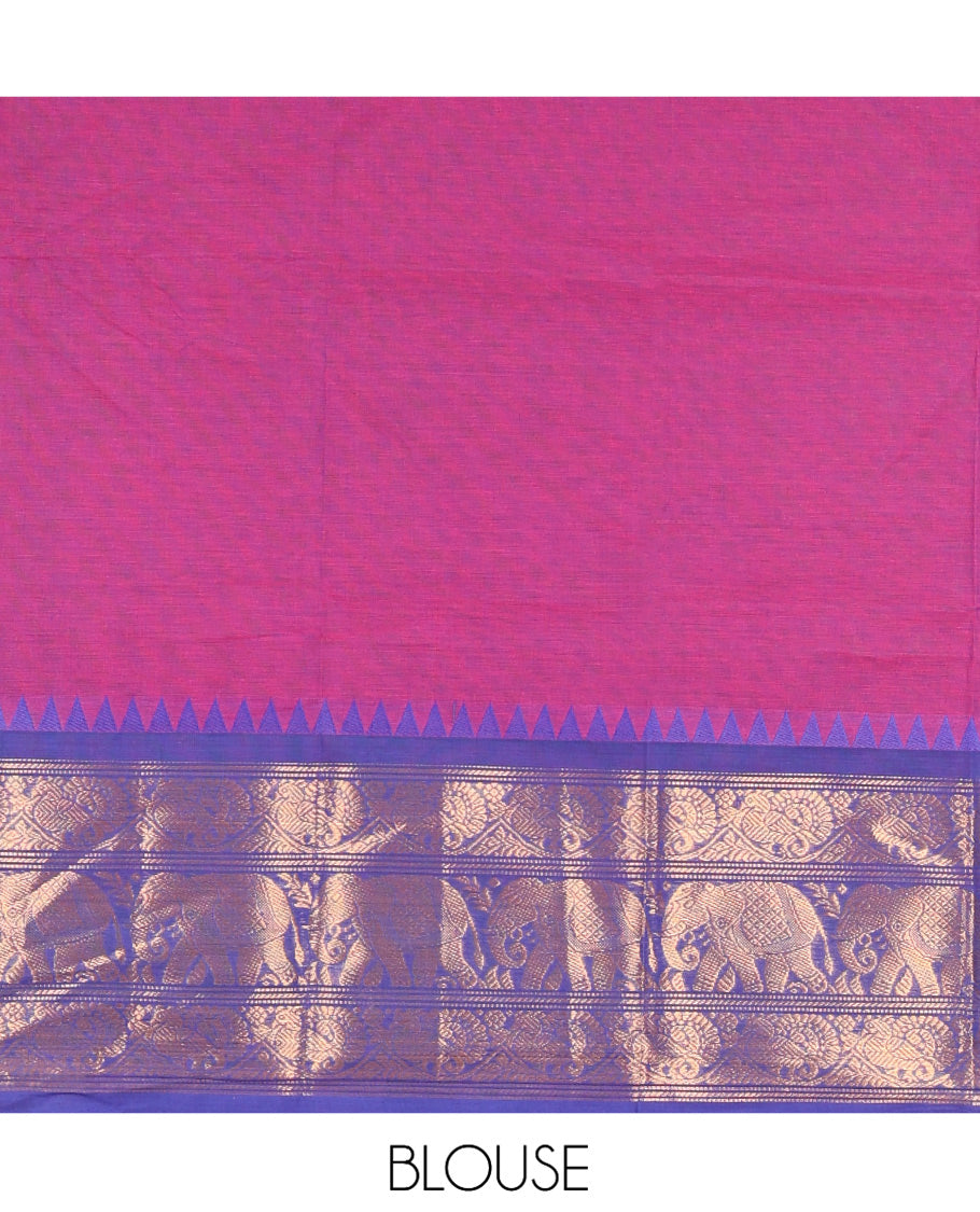 Magenta-Royal Blue Chettinad Cotton Half-Saree, Plain Contrast Traditional Zari-Bordered Skirt, Matching Blouse, and a Contrast Dhavani