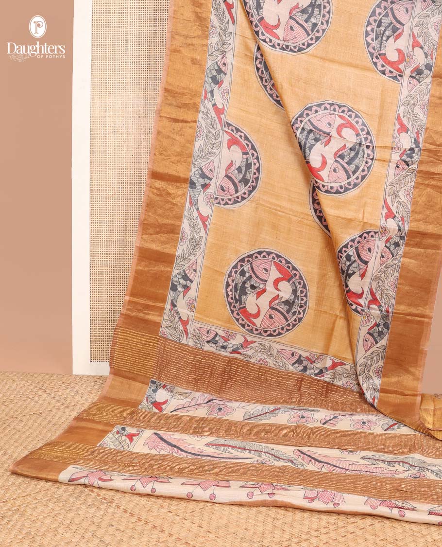 Light brown fish design tussar saree with contrast border & striped, fish design pallu