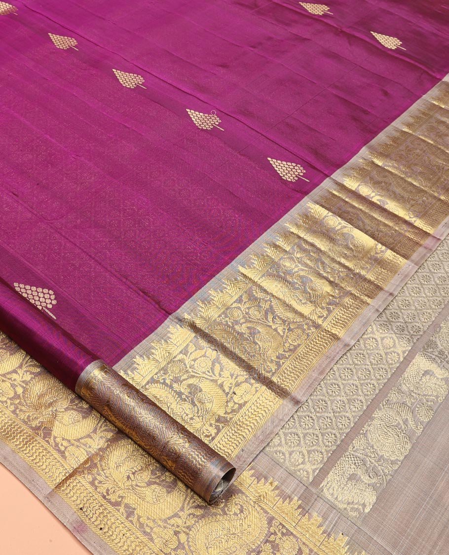 Purple Zari Buttas Venkatagiri Silk Saree, a Contrast Temple Peacock Border, Jaal Pallu, a Contrast Blouse
