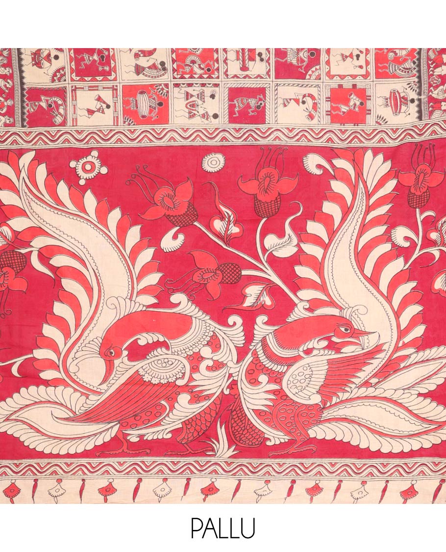 Pink Machine-Printed Kalamkari Cotton Saree Features Warli Motifs, a Self-Printed Border, Pallu of Peacock Print, and a Matching Blouse