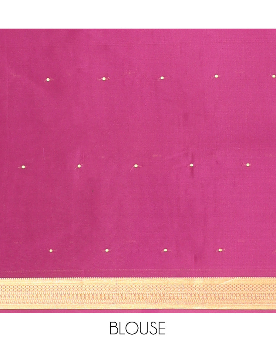 Pale Green Zari Buttas Mysore Silk Saree, Complemented by a Contrast Traditional Zari Border, Zari Design Pallu, and a Contrast Blouse