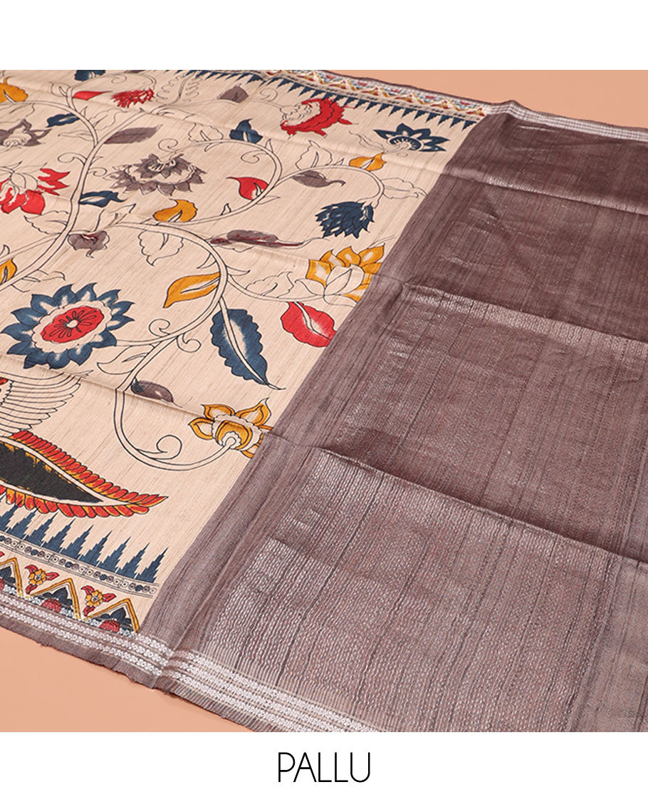 Cream Tussar Silk Saree, Beautifully Bedecked with Floral-Bird Print, Highlighted by Temple-Printed Border, Contrast Pallu, and a Printed Blouse