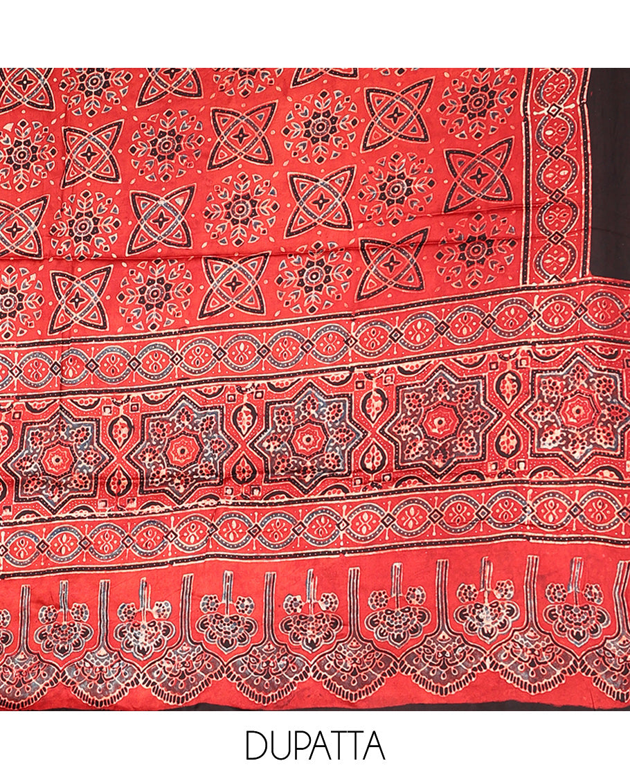 Maroon chudidhar material set pure modal hand block ajrack print top with plain pant & hand block print dupatta