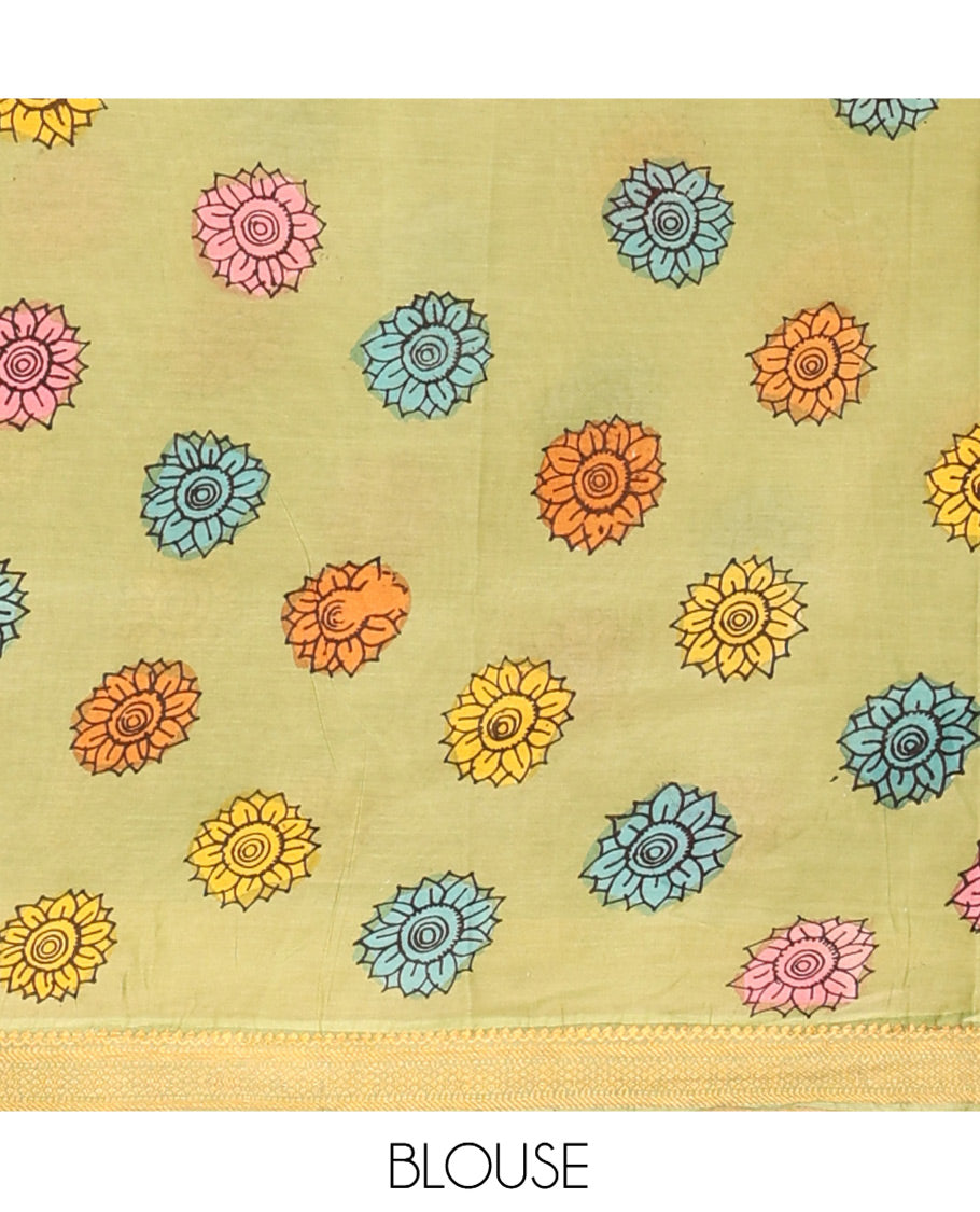 Cream Kalamkari Silk Saree, Beautifully Bedecked with Ancient Human Figurines, a Contrast Traditional Border, Pallu of Ancient Human Motifs, and a Contrast Blouse