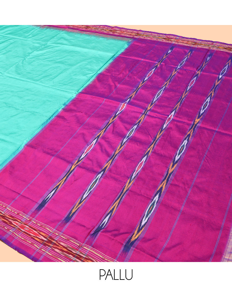 Blue Plain Pochampally Ikat Silk Saree, Complemented by a Contrast Temple Ikat Border, Ikat-Style Pallu, and No Blouse