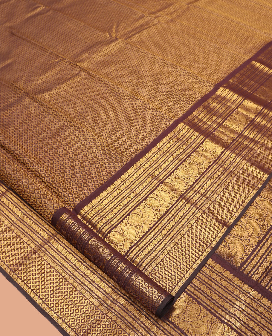 Brown Jacquard Kanchipuram Wedding Silk Saree, Highlighted by a Zari Border of Mayil, Manga, Poun, Mayil and Ogee Designs, Grand Pallu, and Matching Blouse