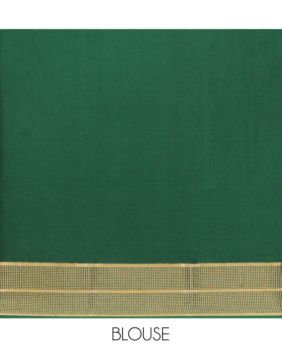 Green Mysore Silk Saree, Artfully Woven with Peacock-Deer Zari Buttas, Complemented by a Zari Geometric Border, a Grand Pallu, and a Matching Blouse