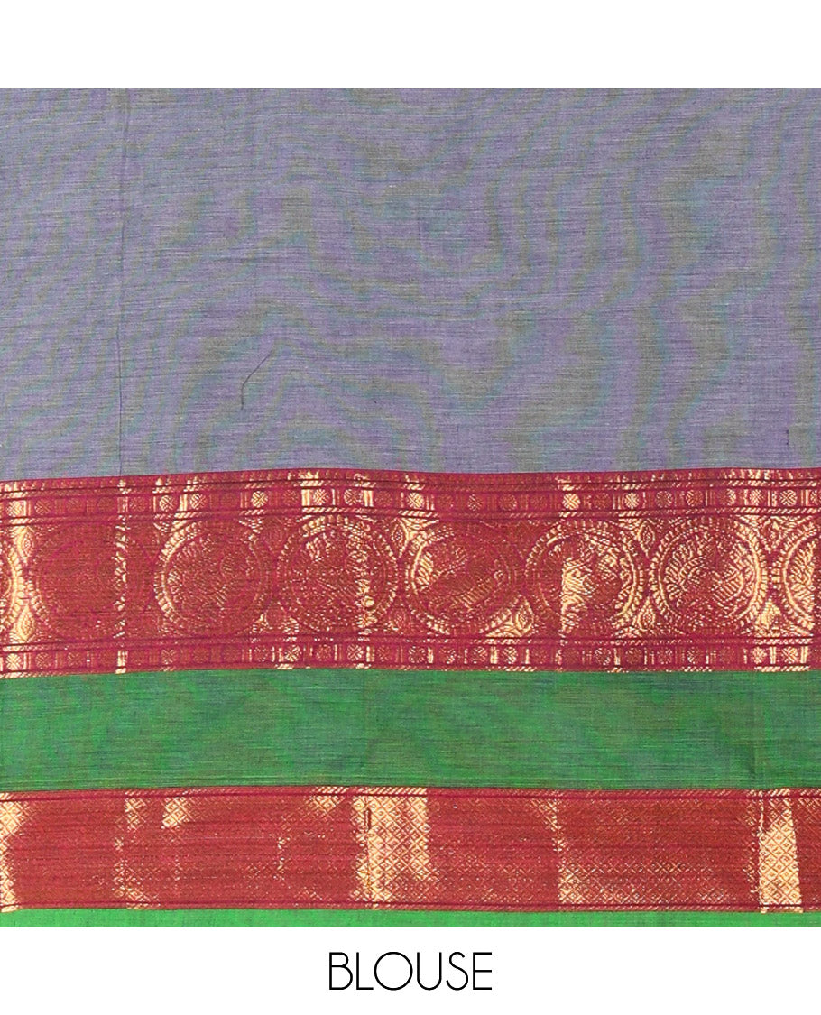 Dark Grey and Pink Chettinad Cotton Half-Saree Featuring Plain Skirt, Adorned with a Contrast Traditional Zari Design Rettai Pettu Border of Peacock Designs, Paired with a Matching Blouse, and Contrast Satin Georgette Dhavani with Zari Border
