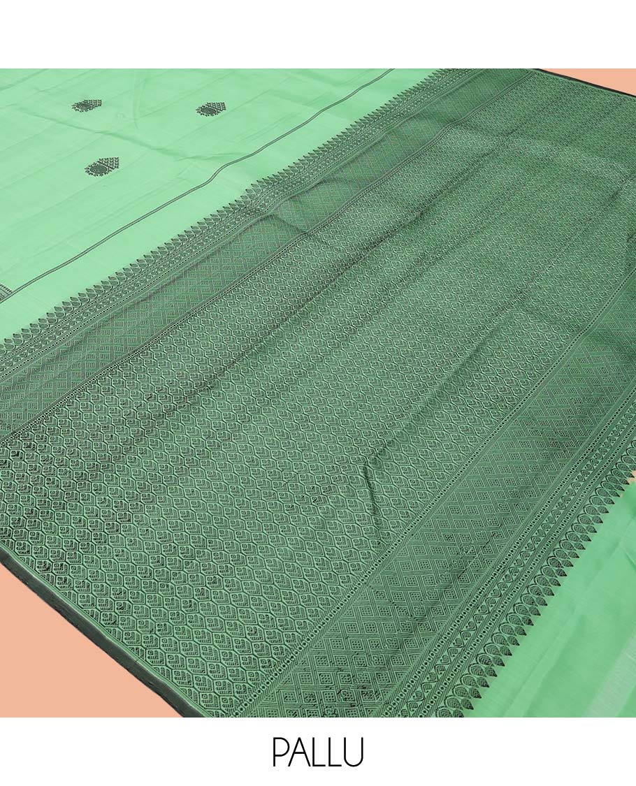 Pista Green Kanchipuram Silk Saree, Woven with Thread Buttas, a Self-Border of Manga, Ara Maadam, Kathir, Mayil Kann, Jaal Pallu, and a Matching Blouse