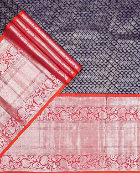 Dark blue leaf design silk half saree with contrast border of rekku, muthu, kathir, kodi visiry, banaras design, zari design blouse & floral design dhavani