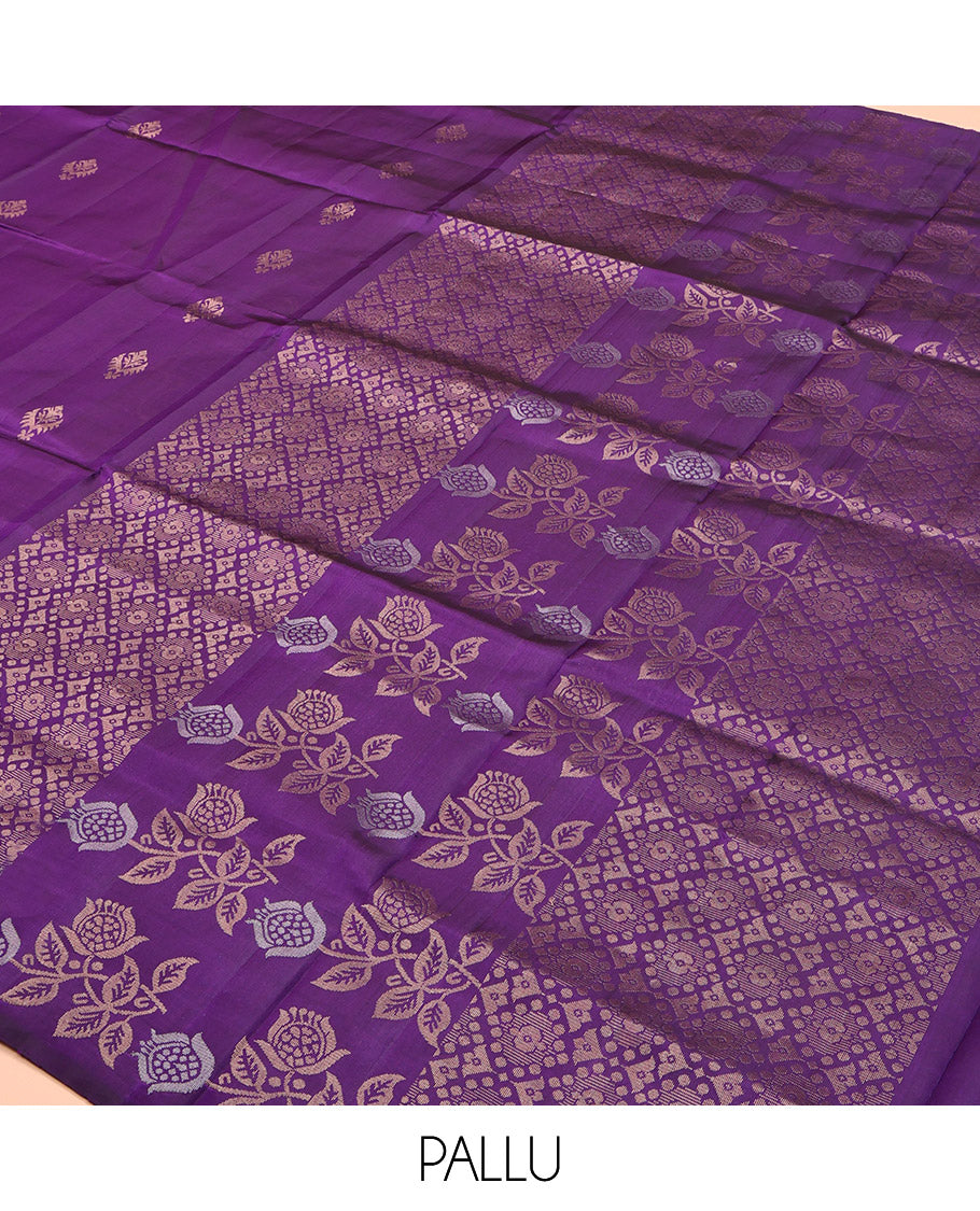 Violet Mayuri Soft Silk Saree, Accentuated with Zari Buttas, Self-Border of Floral Creeper Design, Intricately Designed Pallu, and Matching Blouse