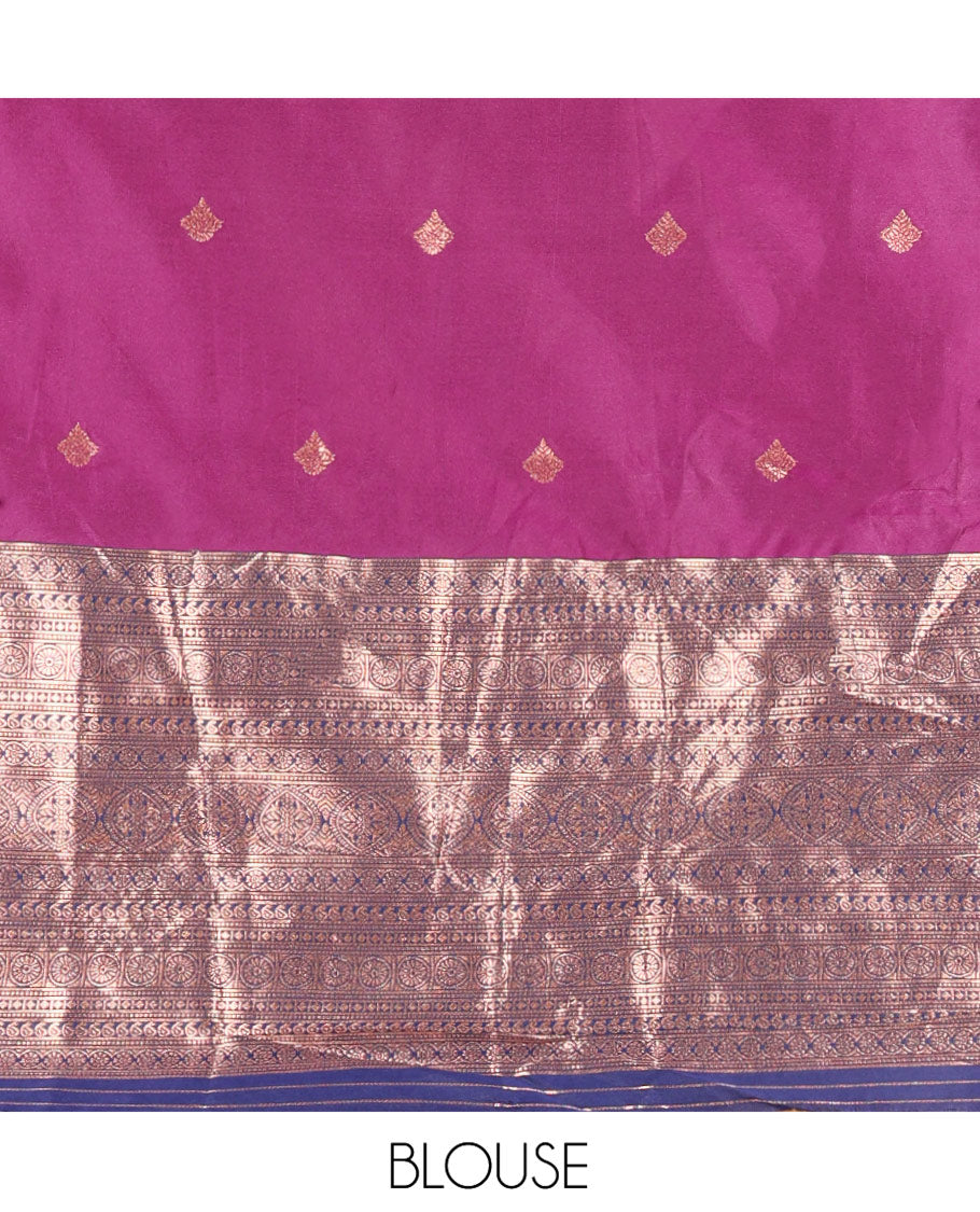 Purple and Navy Blue Semi-Banarasi Half-Saree, Bedecked with Zari Buttas on Its Skirt, Complemented by a Contrast Traditional Zari Designs Woven Border, Paired with a Matching Blouse, and a Contrast Satin Georgette Embroidered Scallop Dhavani