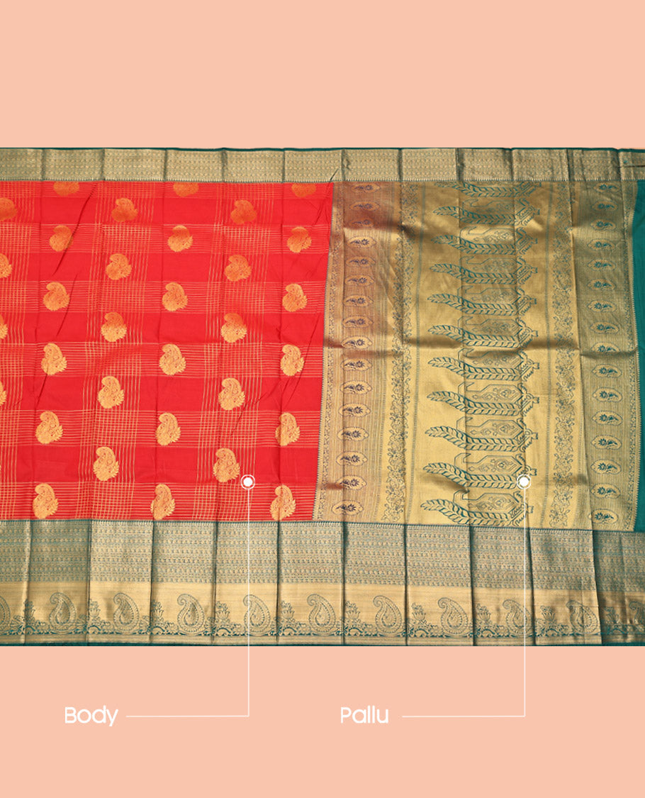 Red Budget Silk Saree, Enthralled with Zari Buttas and Checks, Complemented by a Contrast Traditional Zari Border, Intricate Pallu, and a Contrast Blouse