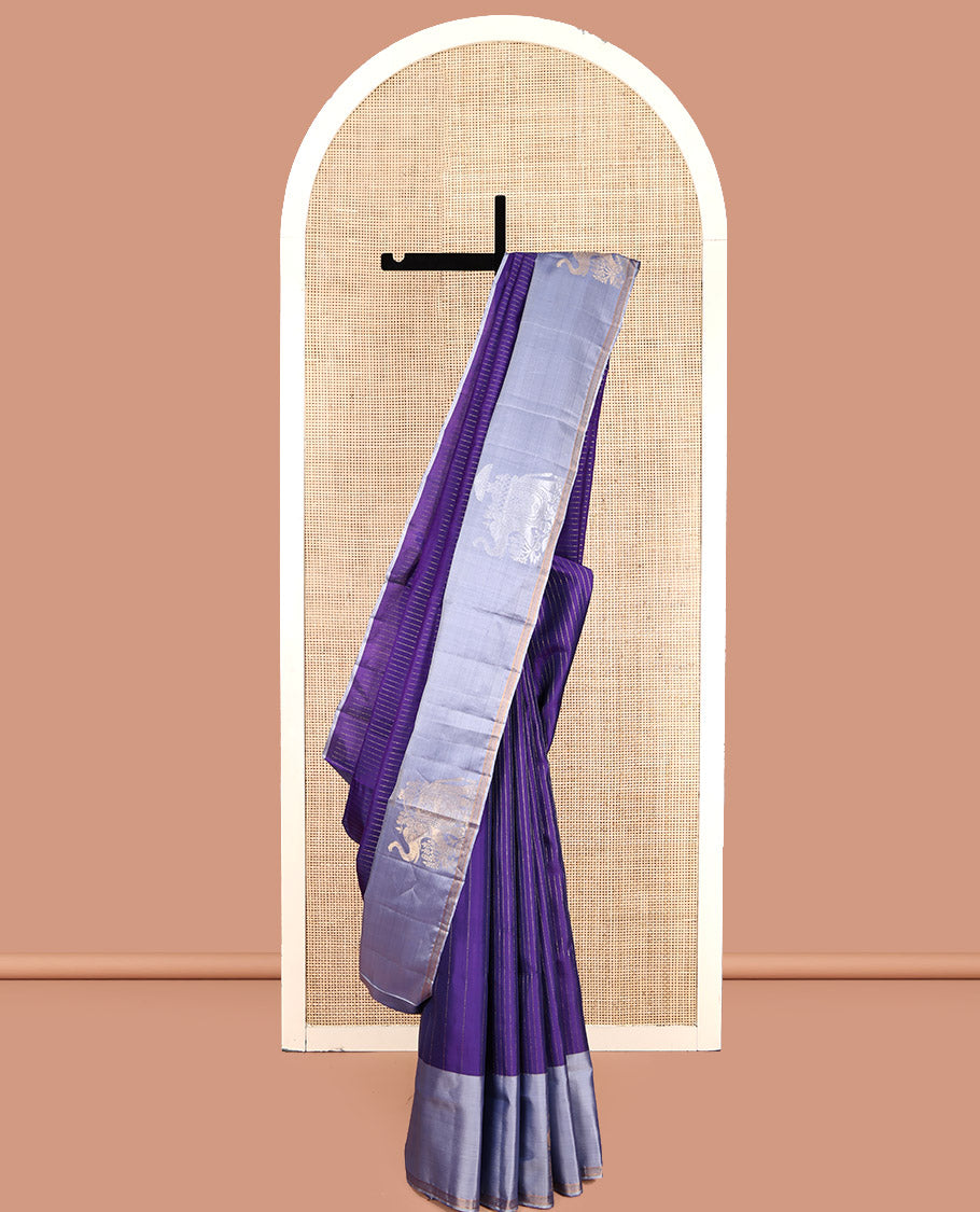Violet Mayuri Lite Silk Mix Saree, Decorated with Dotted-Stripes, Complemented by a Contrast Elephant Motif Border, Intricate Pallu, and a Contrast Blouse