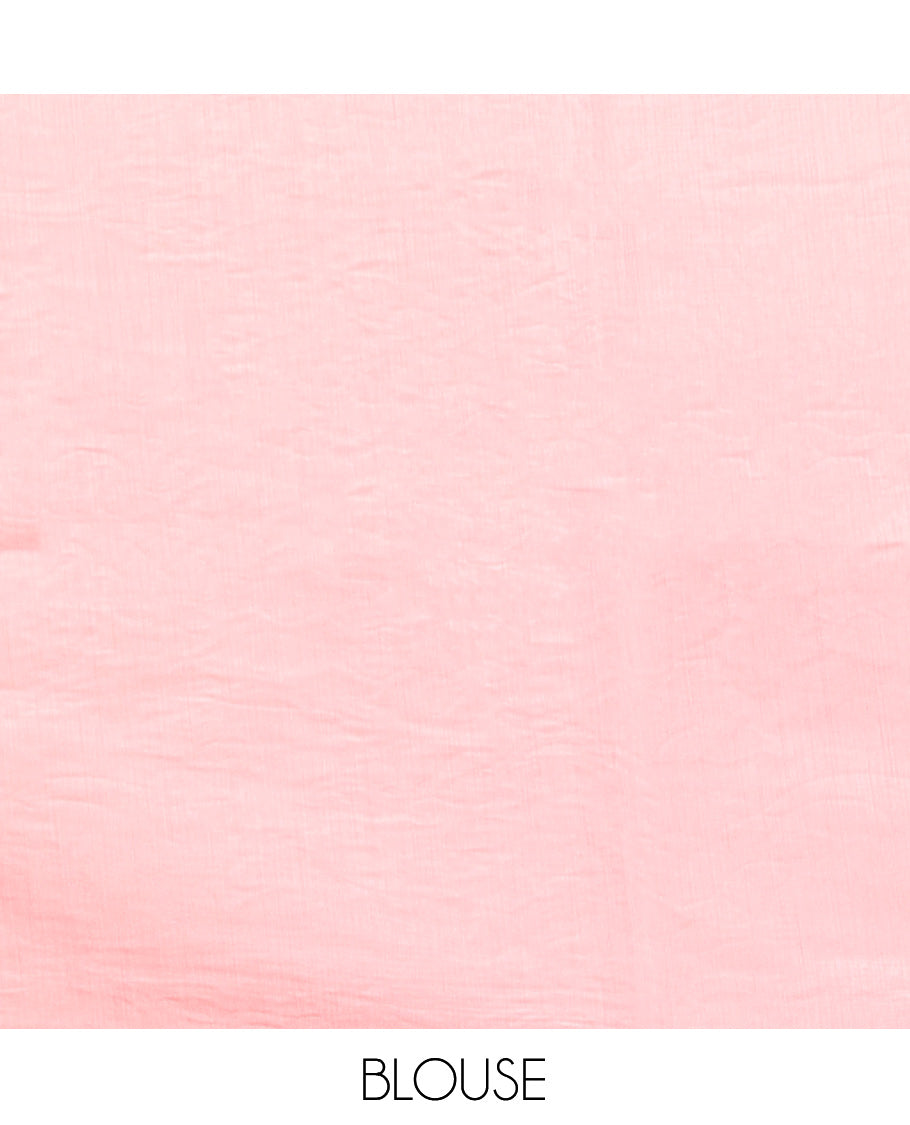 Pink Organza Saree, Adorned with Floral Vine Design, a Lace Border, and a Matching Blouse
