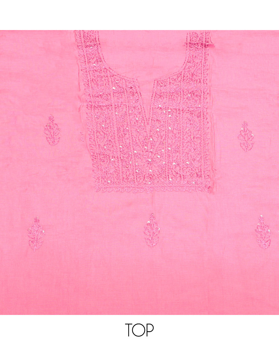 Pink Cotton Material Churidar Set, Delicately Designed with Sequined Thread Neck Work Top, a Contrast Plain Bottom, and Thread Dupatta