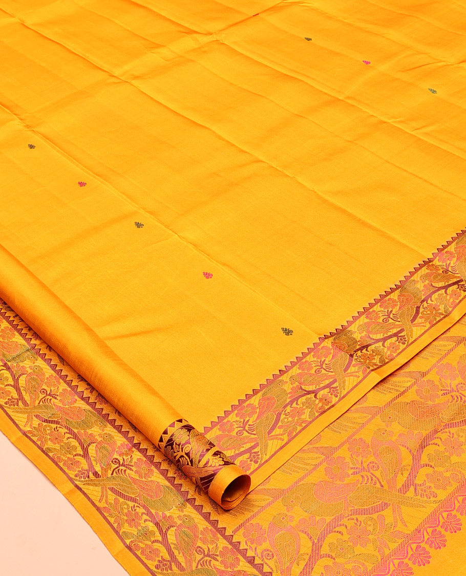 Yellow Buttas Kanchipuram Silk Saree, a Floral-Bird Thread Border, Bird Motif Pallu, Matching Blouse