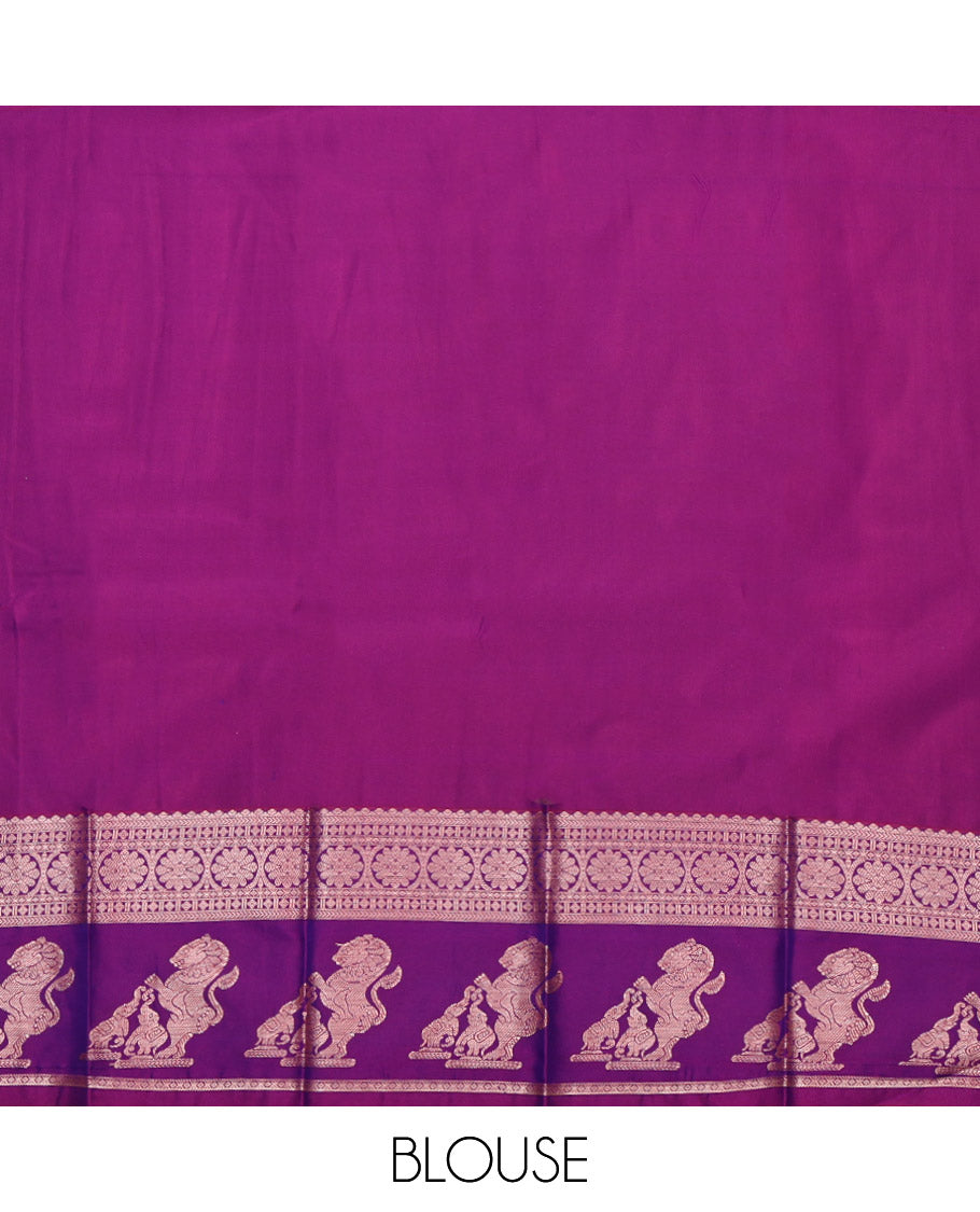 Green Budget Silk Saree, Elevated with Zari Buttas, Complemented by a Contrast Traditional Zari Border of Singam Designs, Grand Pallu, and a Contrast Blouse