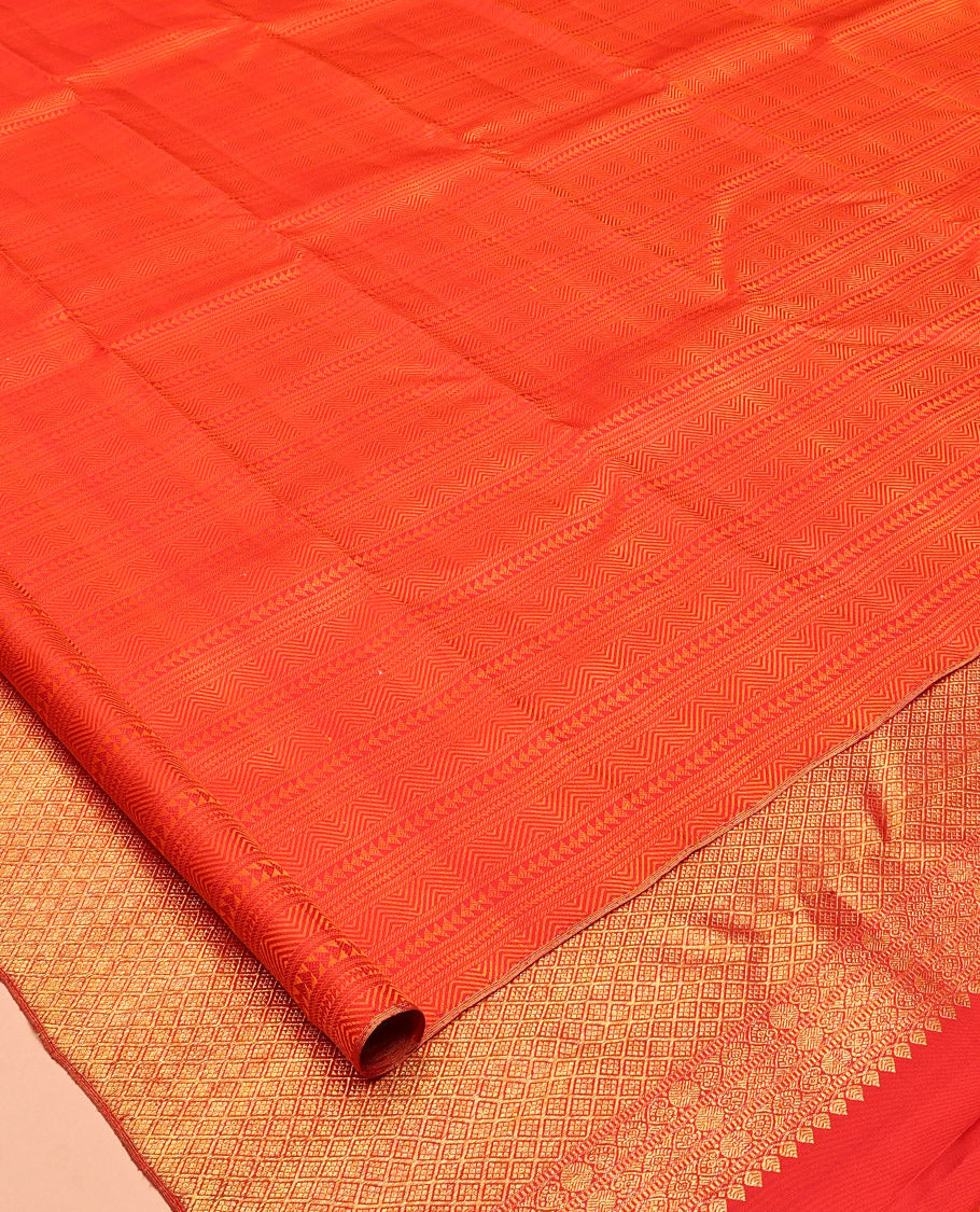Borderless Orange Geometric Embossed Kanchipuram Silk Saree, a Jaal Pallu, Matching Blouse