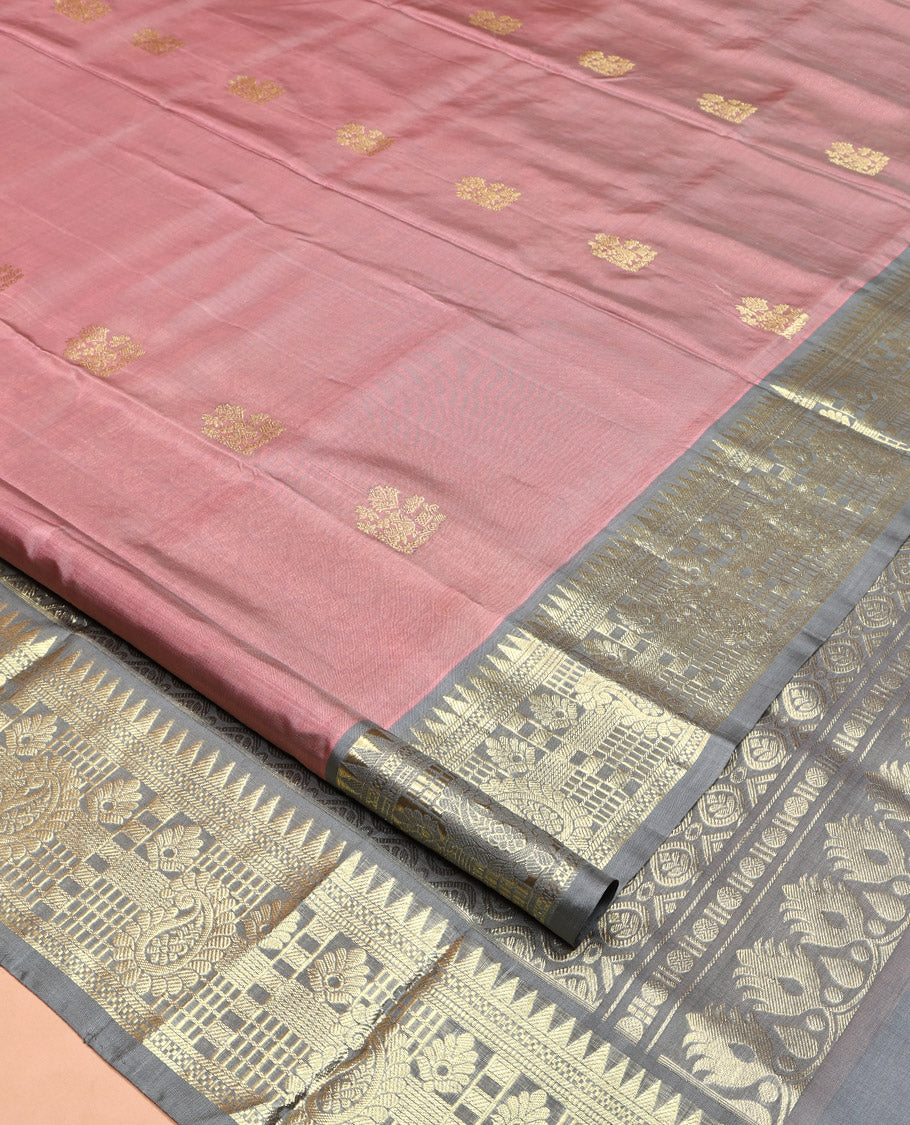 Pink Venkatagiri Silk Saree, Embellished with Zari Buttas All Over Its Body, Complemented by a Contrast Traditional Zari Design Border, Pallu of Thilakam Designs, and Paired with a Contrast Blouse