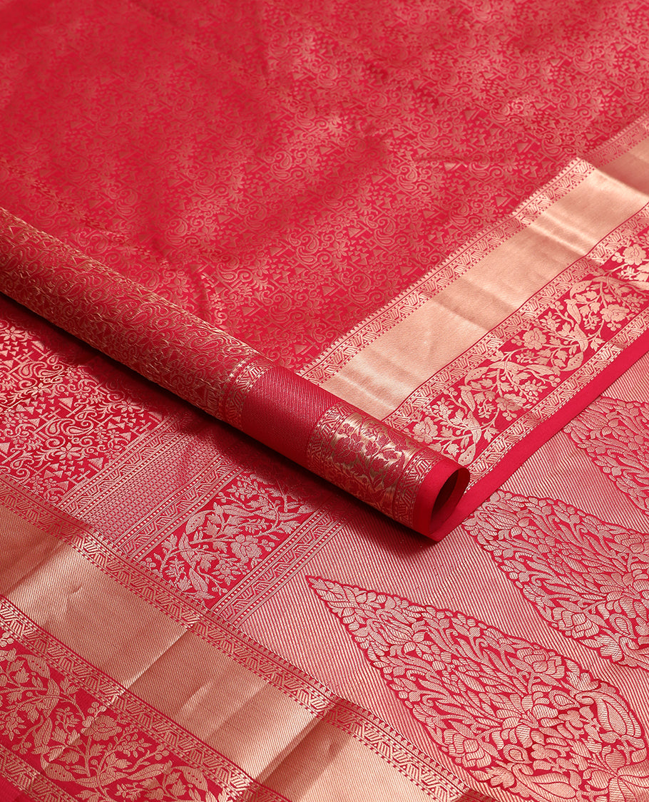 Red floral jaal design kancheepuram silk saree with self border of intricate zari design border & floral design pallu
