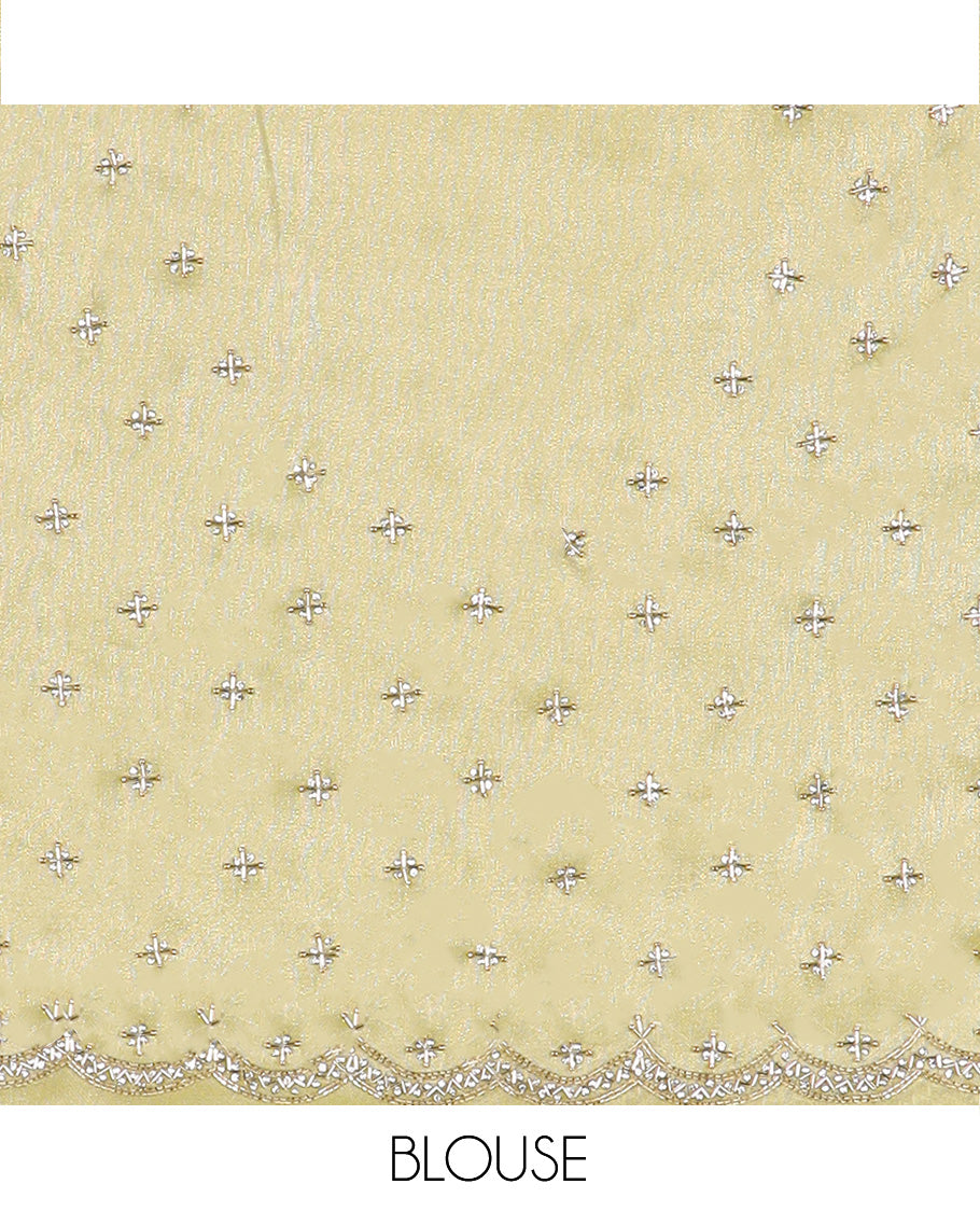 Green kardana and stone embroidered designer saree, scallop kardana and stone embroidered border