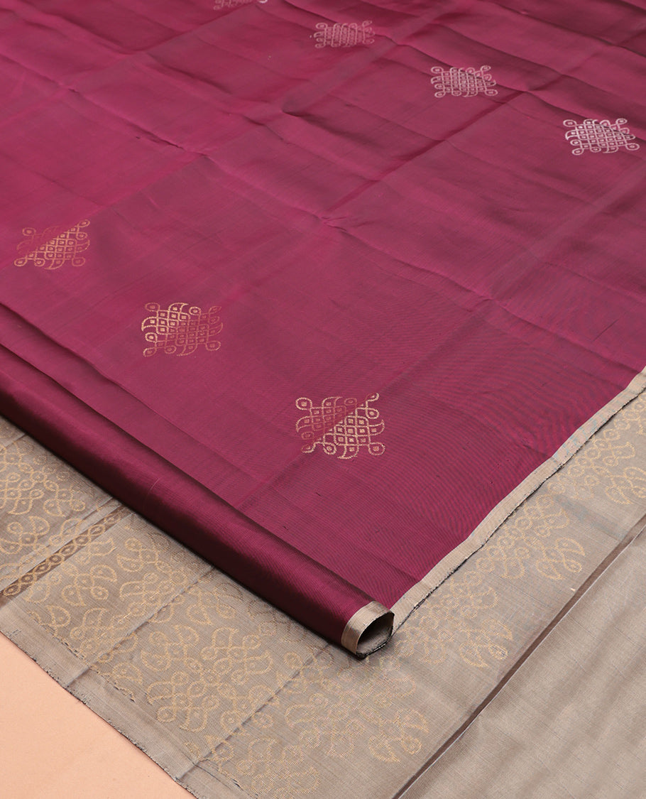 Borderless Magenta Mayuri Lite Silk Mix Saree, Embellished with Kolam Zari Buttas, a Contrast Kolam Pallu, and a Contrast Blouse